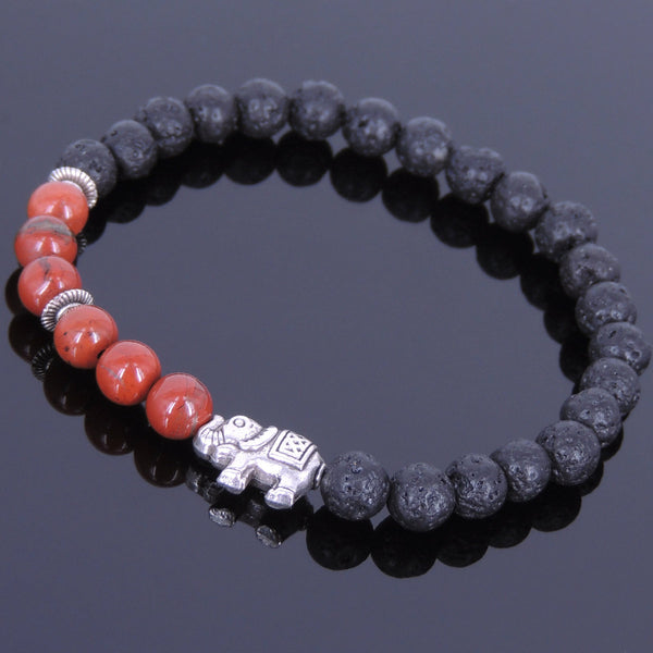 Lava Rock Jasper Stone Tibetan Silver Bracelet Elephant Yoga Mala for Men Women DiyNotion Handmade T047