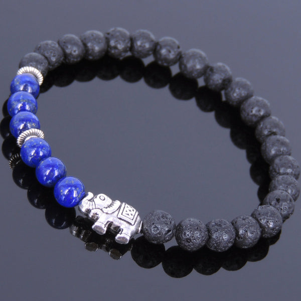 Lava Rock Lapis Tibetan Silver Bracelet Elephant Yoga Mala for Men Women DiyNotion Handmade T048