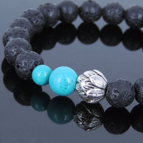 Lava Rock Turquoise Tibetan Silver Bracelet Lotus Yoga Mala for Men Women DiyNotion Handmade T051