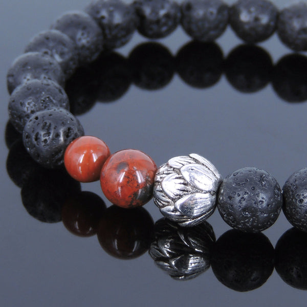 Lava Rock Jasper Stone Tibetan Silver Bracelet Lotus Yoga Mala for Men Women DiyNotion Handmade T053