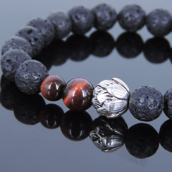 Lava Rock Tiger Eye Tibetan Silver Bracelet Lotus Yoga Mala for Men Women DiyNotion Handmade T055
