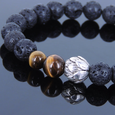 Lava Rock Tiger Eye Tibetan Silver Bracelet Lotus Yoga Mala for Men Women DiyNotion Handmade T054