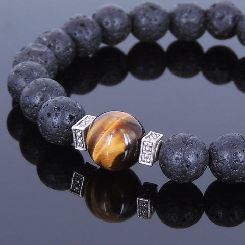 Lava Rock Tiger Eye Tibetan Silver Bracelet Spacers Yoga Mala for Men Women DiyNotion Handmade T011