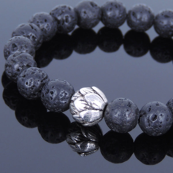 Lava Rock Tibetan Silver Bracelet Lotus Bead Yoga Mala for Men Women DiyNotion Handmade T019