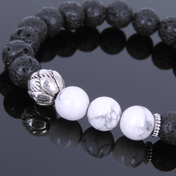 Lava Rock White Howlite Tibetan Silver Bracelet Lotus Spacer Yoga Mala for Men Women DiyNotion Handmade T021