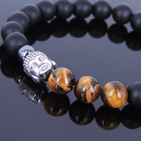 Matte Black Onyx Tiger Eye Tibetan Silver Bracelet Buddha Yoga Mala for Men Women DiyNotion Handmade T031