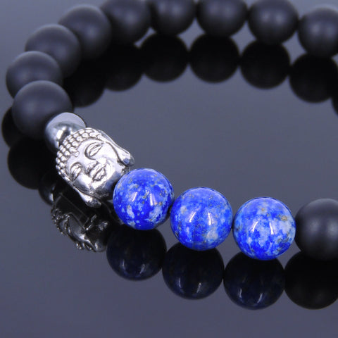 Matte Black Onyx Lapis Tibetan Silver Bracelet Buddha Yoga Mala for Men Women DiyNotion Handmade T032