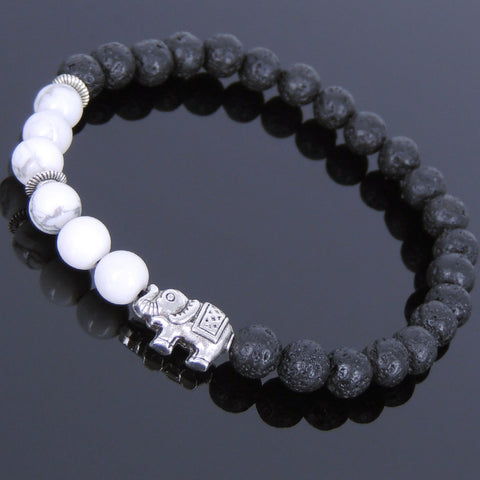Lava Rock White Howlite Tibetan Silver Bracelet Elephant Yoga Mala for Men Women DiyNotion Handmade T046