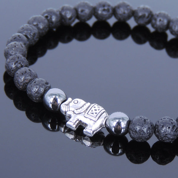Lava Rock Hematite Tibetan Silver Bracelet Elephant Yoga Mala for Men Women DiyNotion Handmade T050