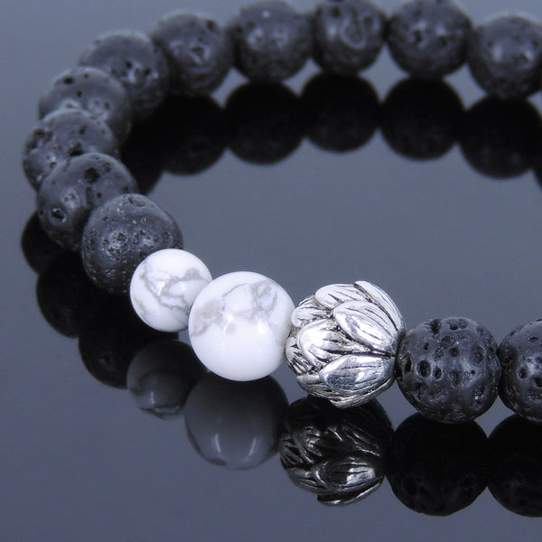 Lava Rock White Howlite Tibetan Silver Bracelet Lotus Yoga Mala for Men Women DiyNotion Handmade T052