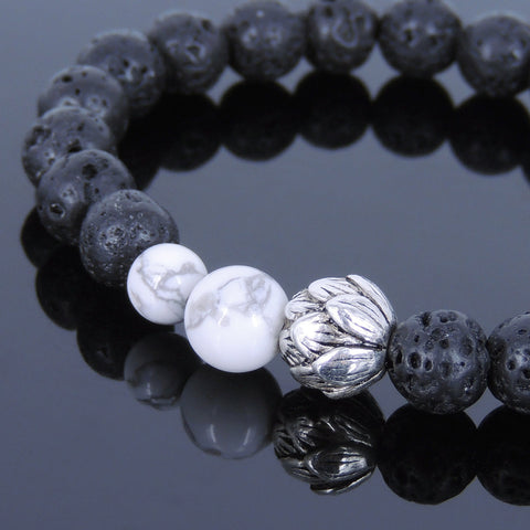 Lava Rock White Howlite Tibetan Silver Bracelet Lotus Yoga Mala for Men Women DiyNotion Handmade T052