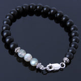 Men's Women Matte Black Onyx Labradorite Sterling Silver Bracelet 925 Spacer Clasp DiyNotion Handmade BR200