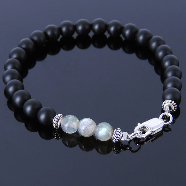 Men's Women Matte Black Onyx Labradorite Sterling Silver Bracelet 925 Spacer Clasp DiyNotion Handmade BR200