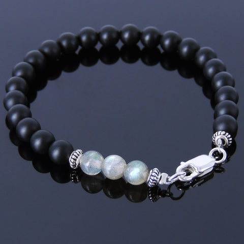 Men's Women Matte Black Onyx Labradorite Sterling Silver Bracelet 925 Spacer Clasp DiyNotion Handmade BR200