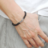 Men's Women Black Obsidian Sterling Silver Bracelet Gemstone 925 Fish Charm Lucky DiyNotion Handmade BR465