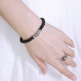 Men's Women Black Obsidian Sterling Silver Bracelet Gemstone 925 Fish Charm Lucky DiyNotion Handmade BR465