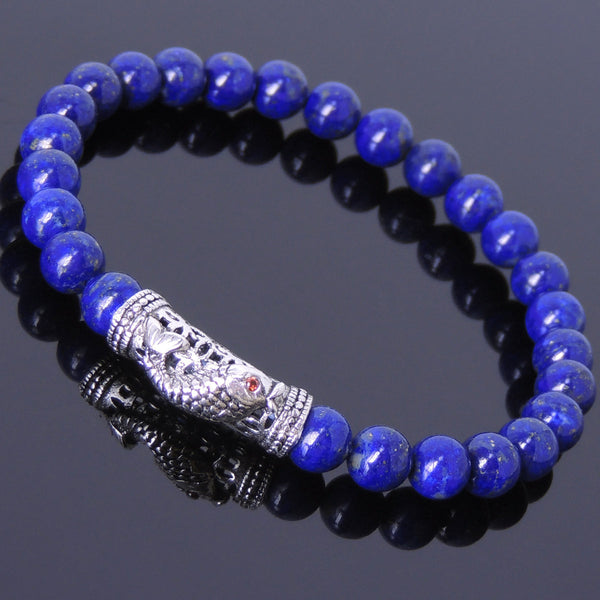 Men's Women Lapis Sterling Silver Bracelet Gemstone 925 Fish Charm Lucky DiyNotion Handmade BR466