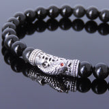 Men's Women Black Obsidian Sterling Silver Bracelet Gemstone 925 Fish Charm Lucky DiyNotion Handmade BR465