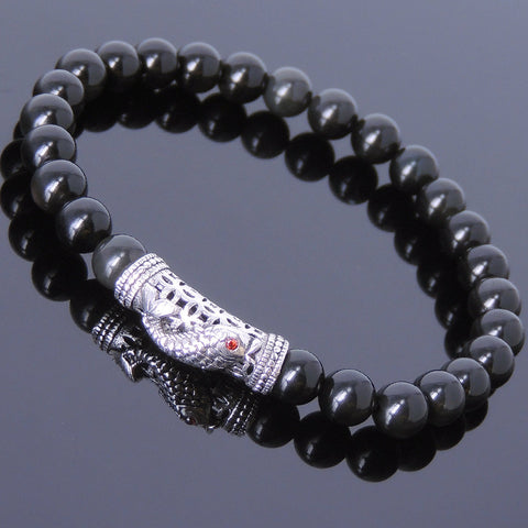 Men's Women Black Obsidian Sterling Silver Bracelet Gemstone 925 Fish Charm Lucky DiyNotion Handmade BR465