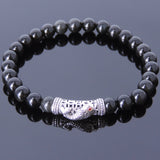 Men's Women Black Obsidian Sterling Silver Bracelet Gemstone 925 Fish Charm Lucky DiyNotion Handmade BR465