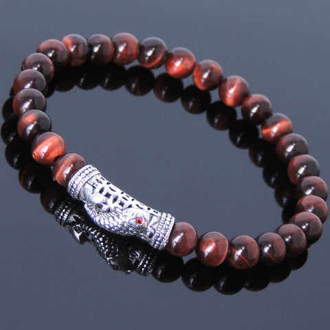 Men's Women Red Tiger Eye Sterling Silver Bracelet 925 Fish Charm Lucky DiyNotion Handmade BR468