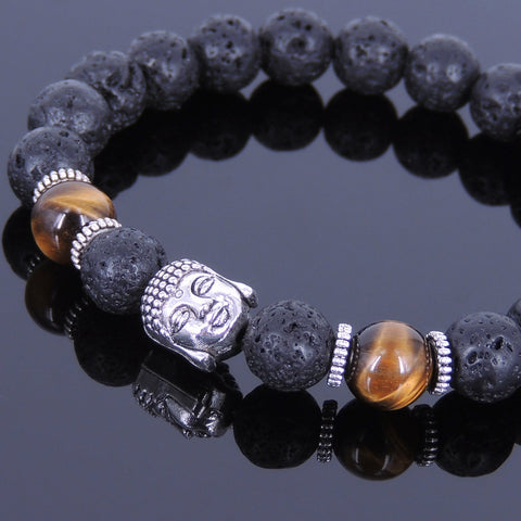 Lava Rock Tiger Eye Tibetan Silver Bracelet Buddha Yoga Mala for Men Women DiyNotion Handmade T059