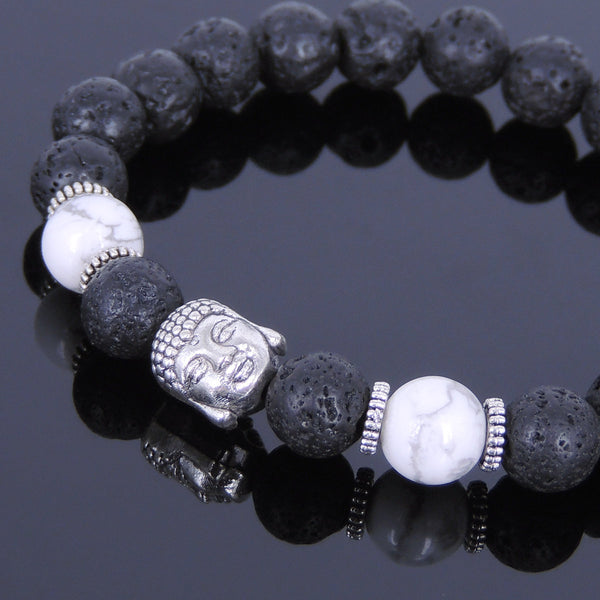 Lava Rock White Howlite Tibetan Silver Bracelet Buddha Yoga Mala for Men Women DiyNotion Handmade T063