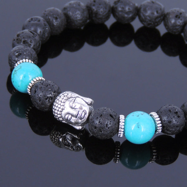 Lava Rock Turquoise Tibetan Silver Bracelet Buddha Yoga Mala for Men Women DiyNotion Handmade T064