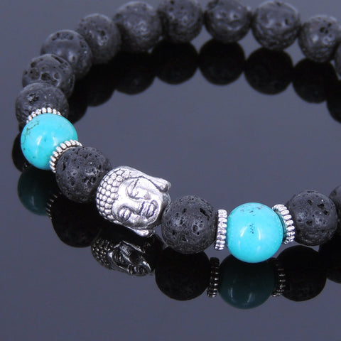 Lava Rock Turquoise Tibetan Silver Bracelet Buddha Yoga Mala for Men Women DiyNotion Handmade T064