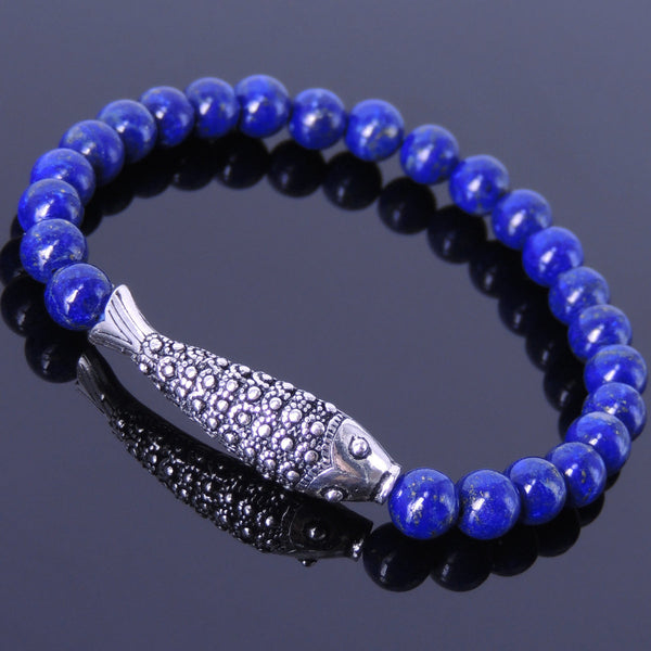 Men's Women Lapis Sterling Silver Bracelet Gemstone 925 Fish Charm DiyNotion Handmade BR474