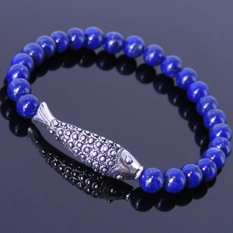 Men's Women Lapis Sterling Silver Bracelet Gemstone 925 Fish Charm DiyNotion Handmade BR474