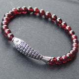 Men's Women Garnet Sterling Silver Bracelet AAA Gemstone 925 Fish Charm DiyNotion Handmade BR476