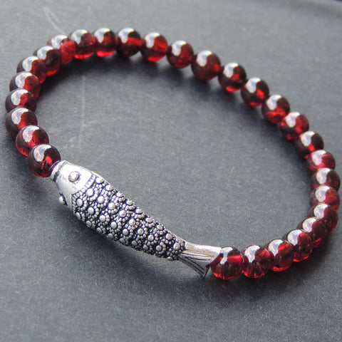 Men's Women Garnet Sterling Silver Bracelet AAA Gemstone 925 Fish Charm DiyNotion Handmade BR476