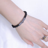 Men's Women Black Obsidian Sterling Silver Bracelet Gemstone Cross Charm DiyNotion Handmade BR479