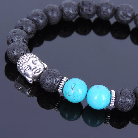 Lava Rock Turquoise Tibetan Silver Bracelet Buddha Yoga Mala for Men Women DiyNotion Handmade T067