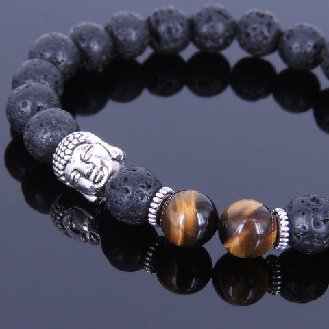 Lava Rock Tiger Eye Tibetan Silver Bracelet Buddha Yoga Mala for Men Women DiyNotion Handmade T068