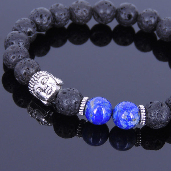 Lava Rock Lapis Tibetan Silver Sakyamuni Bracelet Buddha Yoga Mala for Men Women DiyNotion Handmade T069
