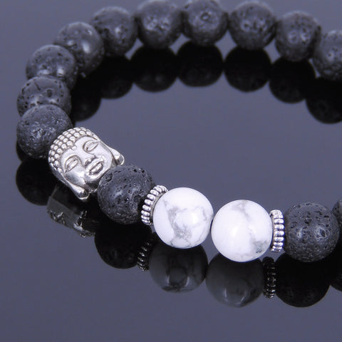 Lava Rock White Howlite Tibetan Silver Bracelet Buddha Yoga Mala for Men Women DiyNotion Handmade T065