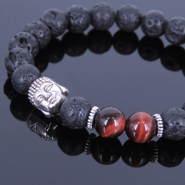Lava Rock Tiger Eye Tibetan Silver Bracelet Buddha Yoga Mala for Men Women DiyNotion Handmade T066