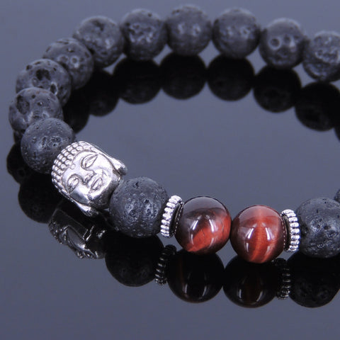 Lava Rock Tiger Eye Tibetan Silver Bracelet Buddha Yoga Mala for Men Women DiyNotion Handmade T066