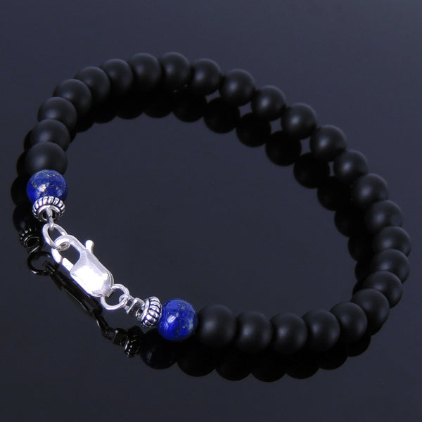 Men's Women Matte Black Onyx Lapis Stelring Silver Bracelet 925 Spacer Clasp DiyNotion Handmade BR191