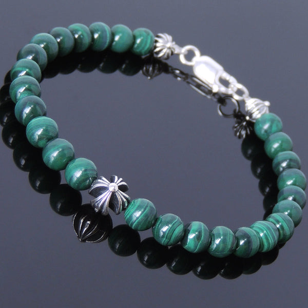 Men's Women Malachite Sterling Silver Bracelet Gemstone Cross Bead DiyNotion Handmade BR486