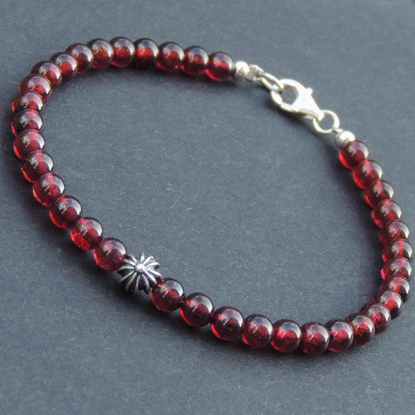 Men's Women Garnet Sterling Silver Bracelet Cross Bead Natural AAA Gemstone DiyNotion Handmade BR494