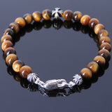 Mens Women Tiger Eye Sterling Silver Bracelet 925 Cross Beads DiyNotion Handmade BR495