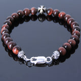 Mens Women Red Tiger Eye Sterling Silver Bracelet 925 Cross Beads DiyNotion Handmade BR496