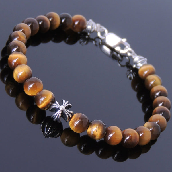 Mens Women Tiger Eye Sterling Silver Bracelet 925 Cross Beads DiyNotion Handmade BR495