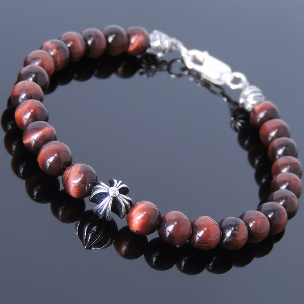 Mens Women Red Tiger Eye Sterling Silver Bracelet 925 Cross Beads DiyNotion Handmade BR496