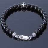 Mens Women Black Obsidian Sterling Silver Bracelet 925 Cross Beads DiyNotion Handmade BR497