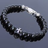 Mens Women Black Obsidian Sterling Silver Bracelet 925 Cross Beads DiyNotion Handmade BR497