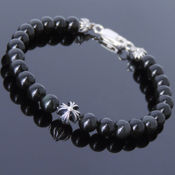 Mens Women Black Obsidian Sterling Silver Bracelet 925 Cross Beads DiyNotion Handmade BR497